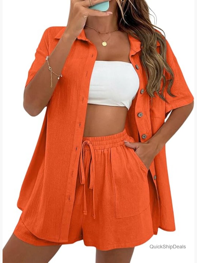Linen Short Set: Short Sleeve Top & Drawstring Shorts 2 Piece Summer Vacation